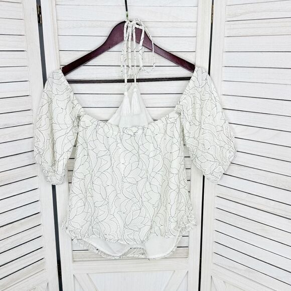 Beau Tissu Lace Cold Shoulder Puff Sleeve Halter Blouse White Black Small - Picture 9 of 13